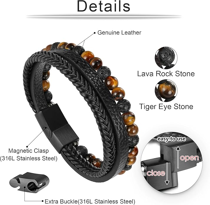 Gifts for Men - Layered Leather Beads Bracelet, Tiger Eye Lava Rock Stone Braided Leather Bracelets for Men Adjustable Magnetic Clasp Birthday Gifts