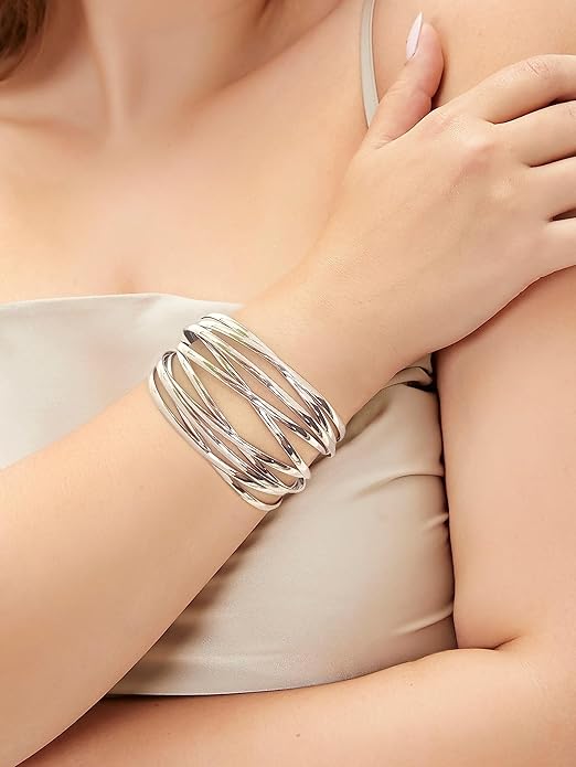 Gold Cuff Bracelet for Women Chunky Multi-layer Cross Wire Open Bracelet Hollow Wide Cuff Bracelets Adjustable Gold Open Cuff Bangle Bracelet