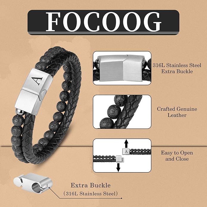 Leather Bracelets for Mens Gifts - Premium Genuine Leather Natural Lava Rock Adjustable Stainless Steel Magnetic Clasp Mens Initial Bracelet, Unique Gifts for Men Husband Dad Son