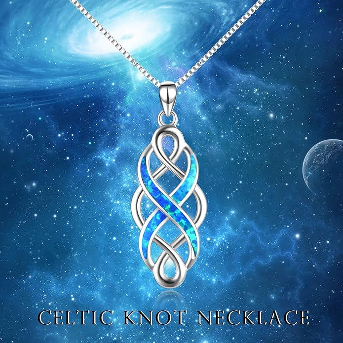 YFN Irish Celtic Knot Created Opal Pendant Necklace Sterling Silver Black Necklaces for Women Men 18"