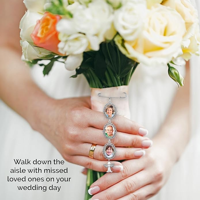 Wedding Boutonniere Angel Photo Charm Pin Brooch Cascading Triple Frame for Mother of Bride or Groom or Flower Bouquet