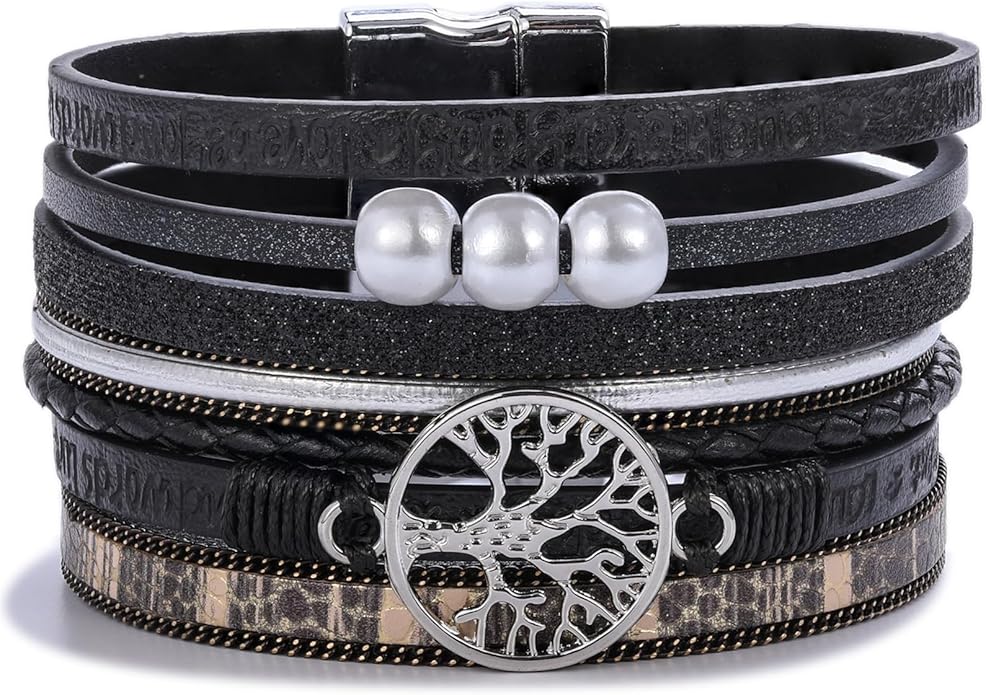 FANCY SHINY Tree of Life Leather Wrap Bracelet Inspirational Cuff Bangles Boho Pearl Bracelets with Magnetic Clasp Unique Jewelry Gifts for Women