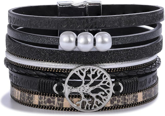 FANCY SHINY Tree of Life Leather Wrap Bracelet Inspirational Cuff Bangles Boho Pearl Bracelets with Magnetic Clasp Unique Jewelry Gifts for Women