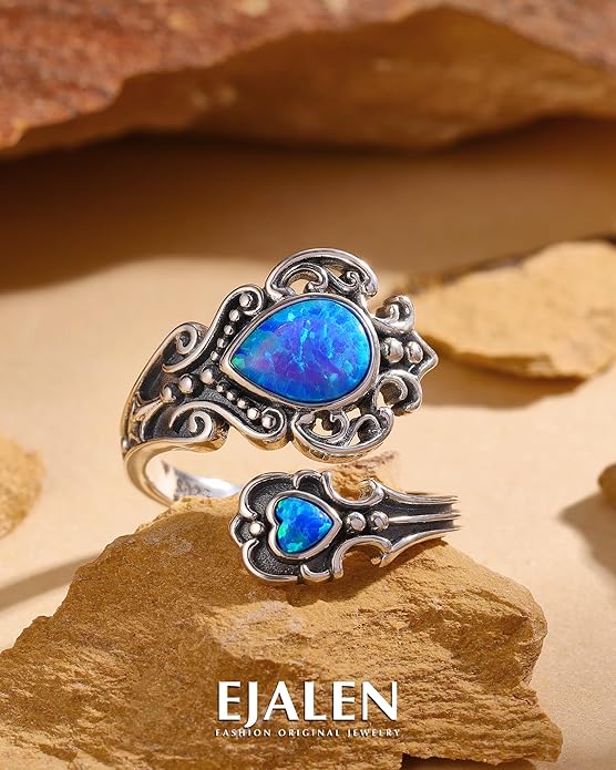 S925-Sterling-Silver Abalone Dragonfly-Turquoise Spoon Ring - Vintage Boho Sunflower Thumb Oxidized Wrap Rings Victorian Style Antique Floral Jewelry Gifts for Women