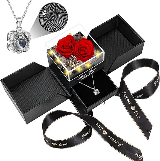 2 Preserved Real Rose with Heart I Love You Necklace- Eternal Rose Birthday Gifts for Women Wife Girlfriend Her Mom Grandma on Festivals Gifts Christmas Valentines Mothers Day Anniversary-Red Rose