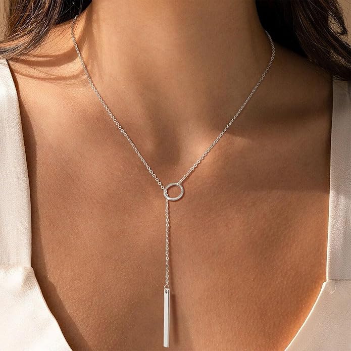 Lariat Necklace for Women, Dainty 14K Gold/Silver Plated Long Necklaces for Women Trendy Simple Layered Y-Shaped Drop Pendant Necklace Adjustable Gold Jewelry Gifts For Her Christmas Stocking Stuffer