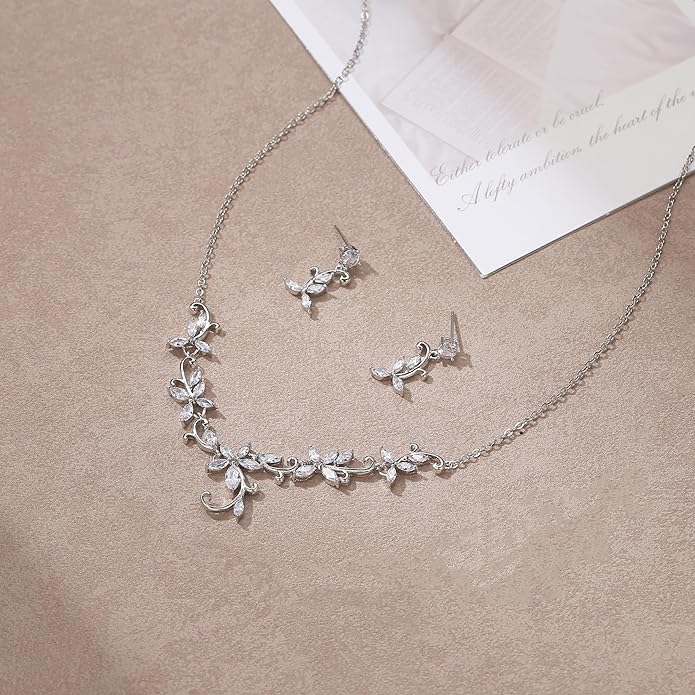 Crysdue Flower Leaf Wedding Jewelry Set for Bridal Bridemaid, Cubic Zirconia Teardrop Elegant Silver/14K/Rose Gold Plated Vine Necklace Dangle Earrings for Prom Party