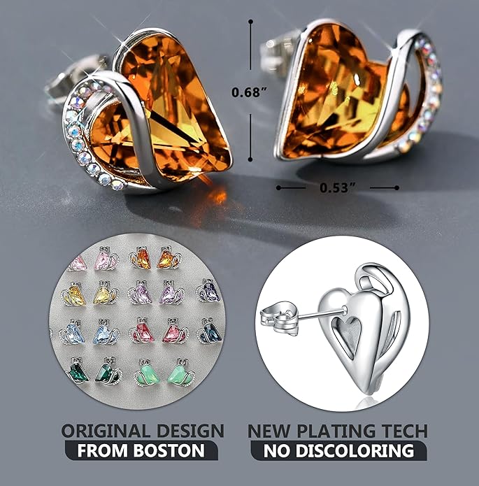 Earrings for Women, Mothers Day Gift for Mom, Heart Birthstone Crystal Stud Earring, Silver Plated Birthday Jewelry