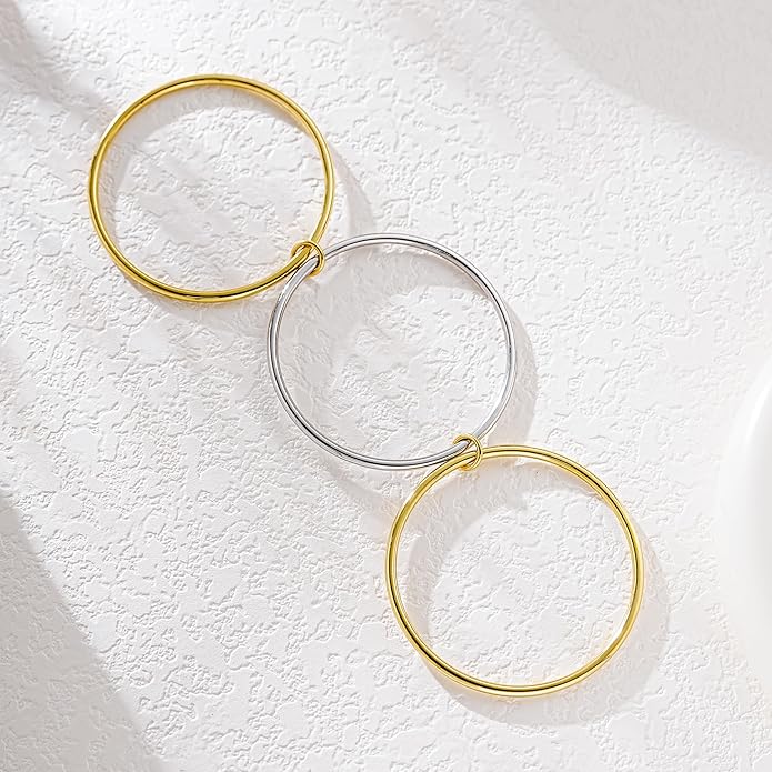 NOKMIT Triple Interlocked Stackable Bangle Bracelets for Women 3-Pack Two-Tone High Polished Stainless Steel Bangle Set Classic Plain Thin Non-Tarnish Gold&Silver