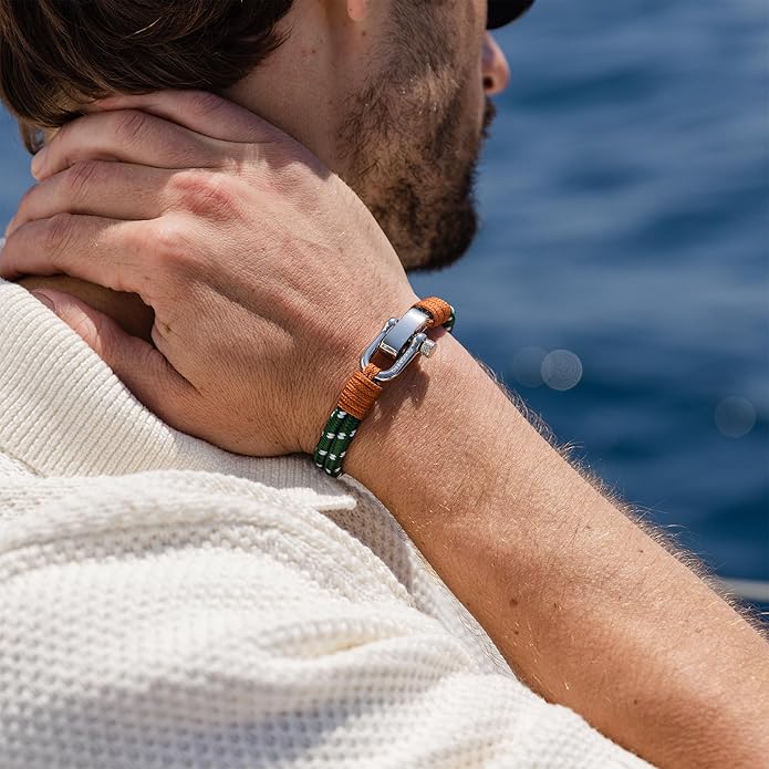 Elegatto Duetto Platinum Rope Bracelet for Men | Double Nautical Nylon Cord with Silver Polished Stainless Steel Shackle Clasp | Waterproof and Fade-Resistant