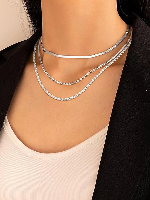 Gold/Silver Necklaces Stack For Women, 14K Gold/Sterling Silver Plated Layered Choker Necklace Set, Stackable Multilayer Simple Cuban Snake Paperclip Chain Set Jewelry Gift for Women
