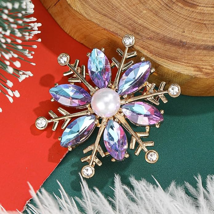 Crystal Snowflake Brooch for Women - Rhinestone Winter Pin with Pearl - Elegant Christmas Accessory for Clothing, Hat, Bag, Skirt - Birthday Party Costume Jewelry