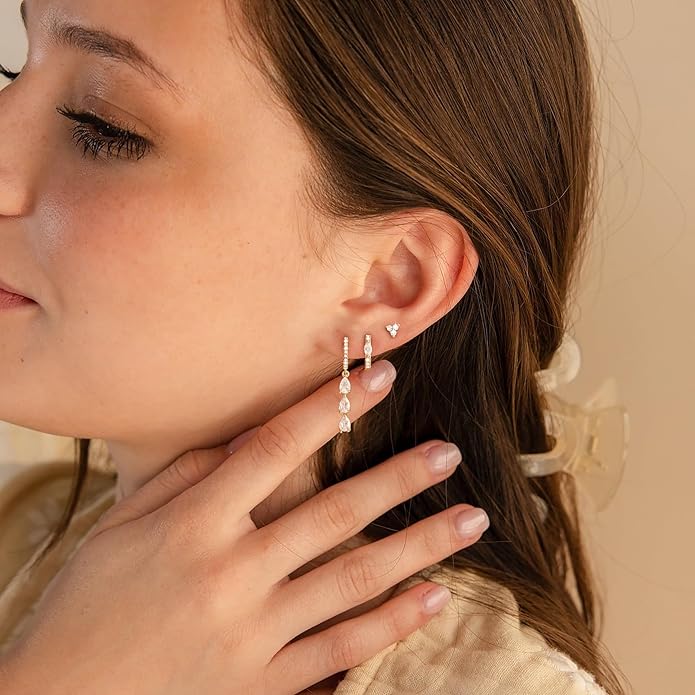 3 Pairs Earrings Set for Multiple Piercings, Gold Plated Studs Hoop Earrings Stack, CZ Dangle Earrings Set, Hypoallergenic for Sensitive Ears, Women's Gift