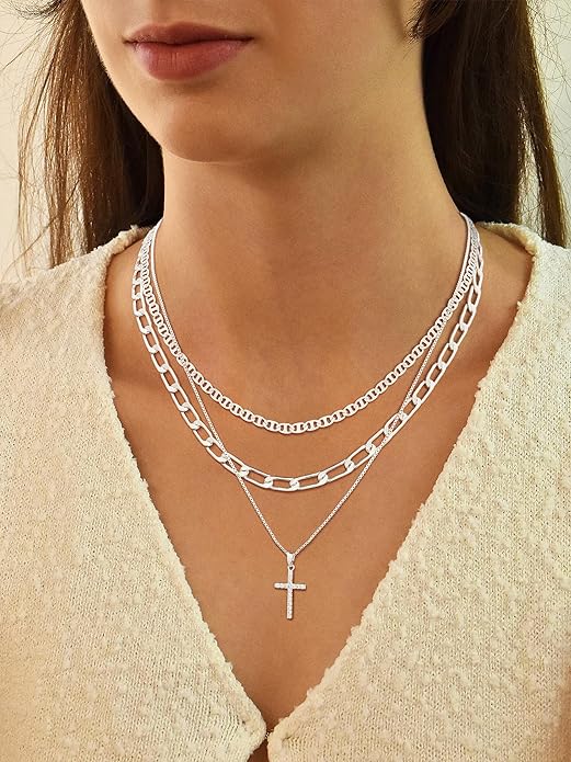 ASCOMY Gold Necklace for Women 14K Gold/Silver Plated Layered Necklaces Stackable Layering Cross Necklace Stacked Coin Pendant Pearl Herringbone Chain Stacking Gold Choker Trendy Jewelry Gift for Her