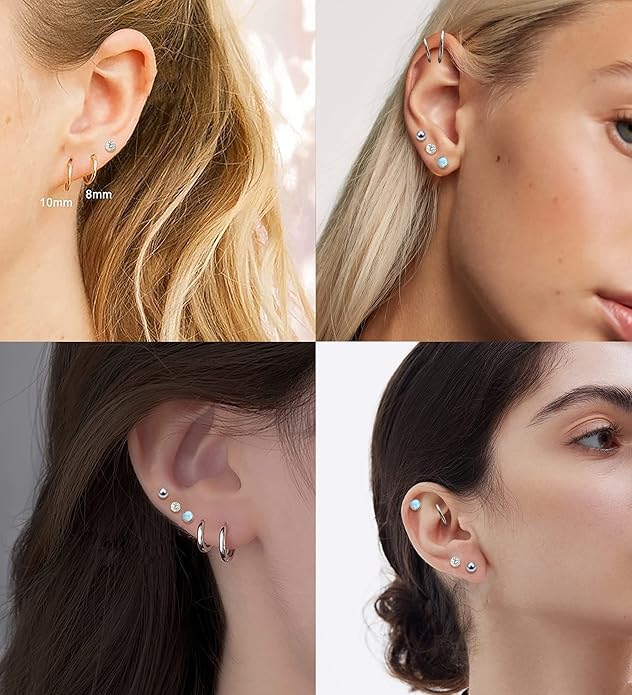 MJust Titanium Earrings for Sensitive Ears 20G Hypoallergenic Stud Hoop Earrings for Women Men Opal Ball CZ Heart Pearl Flat Back Earrings Cartilage Earrings Set