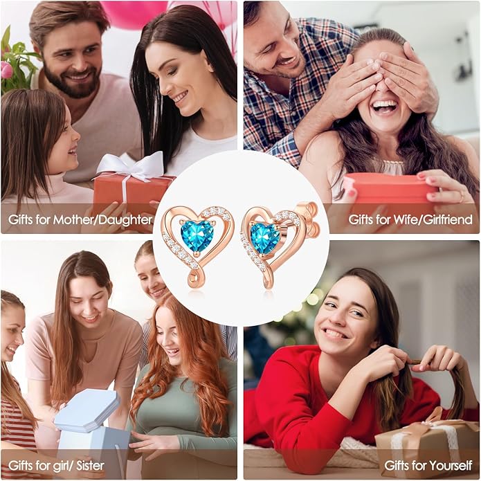 Earrings for Women, S925 Sterling Silver Rose Gold Birthstone Heart Studs Earring for Girlfriend Wife, Anniversary Birthday Christmas Valentines Mothers Day Gifts Jewelry for Women Wife Her Mom