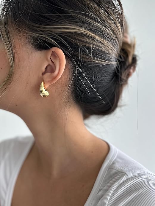 PAVOI 14K Gold Plated 925 Sterling Silver Post Teardrop Chunky Hoop Earrings - Lightweight Drop Earrings for Women - Designer Dupe