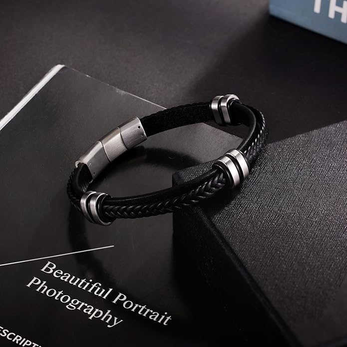 Leather Bracelet for Men with Adjustable Stainless Steel Magnetic Clasp Multi-Layer Braided Mens Leather Bracelet