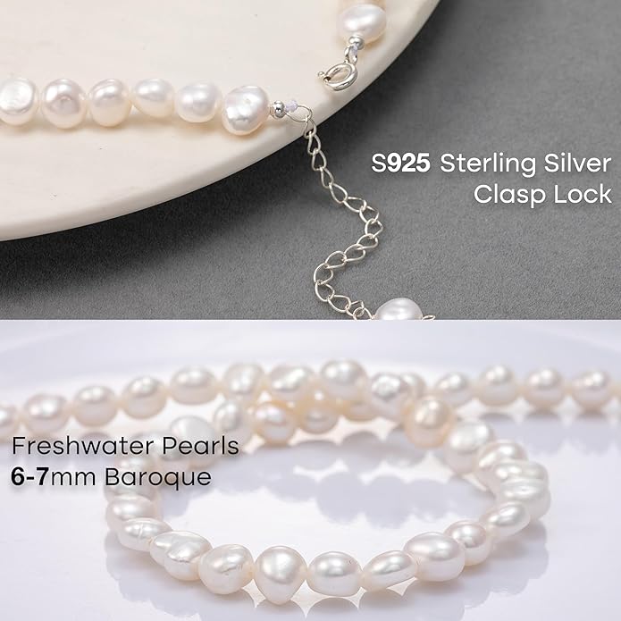 Natural Pearls Choker Necklace for Women Freshwater Baroque Pearl Strand Necklace Chain Cultured Baroque Pearl 18K Gold Plated & S925 Sterling Silver Clasp Choker