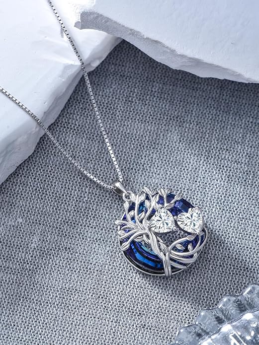 TOUPOP s925 Sterling Silver Family Celtic Tree of Life Pendant Necklaces with 2 Heart Birthstone with Blue Austrian Crystal Jewelry Birthday Anniversary Christmas Gifts for Her Wife Girlfriend Mom (18K Real White Gold Filled)