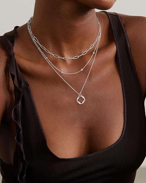 Layered Gold Silver Necklace for Women Non Tarnish,Dainty Choker Statement Chunky Necklace Stack Charm Pendant Chain Necklace Set 14K Gold Plated Long Stacked Womens Necklaces Trendy Jewelry Gift