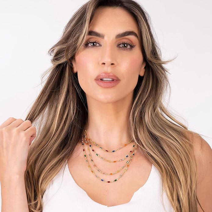 Barzel 18K Gold Plated Multi Stone Crystal Baguette Necklace for Women - Made In Brazil
