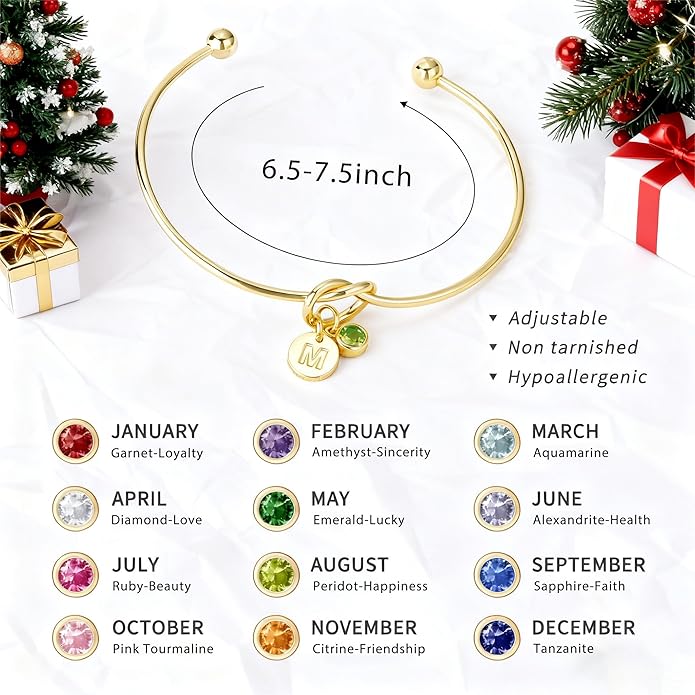 Turandoss Christmas Gifts for Grandkids, Dainty 14K Gold Plated 12 Months Disc Initial Birthstone Heart Knot Bangle Bracelet Birthday Bridesmaid Bracelet Jewelry for Women Girls