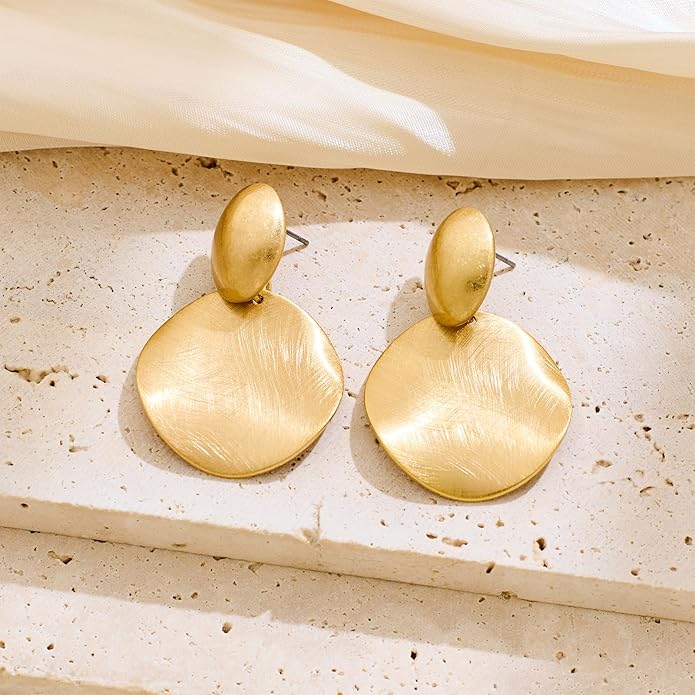 FAMARINE Big Disc Drop Earrings Gold Dangle Earrings Round Hammered Earrings Women