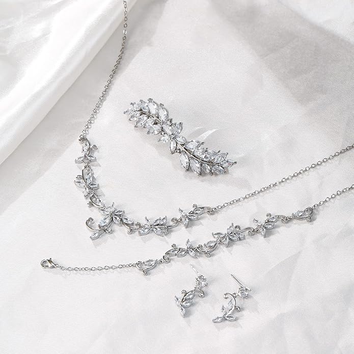 Crysdue Flower Leaf Wedding Jewelry Set for Bridal Bridemaid, Cubic Zirconia Teardrop Elegant Silver/14K/Rose Gold Plated Vine Necklace Dangle Earrings for Prom Party