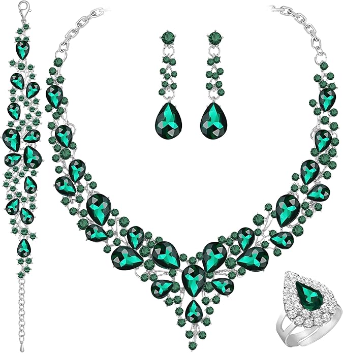 Paxuan Crystal Bridal Wedding Jewelry Sets for Women Rhinestone Teardrop Crystal Statement Choker Necklace Drop Earrings Link Bracelets Rings Teardrop Jewelry Set for Brides Bridesmaids