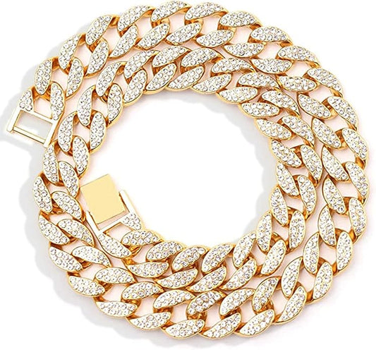 EMESLY Miami Cuban Link Chain 14K Gold Plated Necklace (16, 18, 20, 22, 24, 30 Inches Length); Hip Hop Bracelet (8" Length) for Men & Women; Perfect Iced Out Bling Jewelry Gift