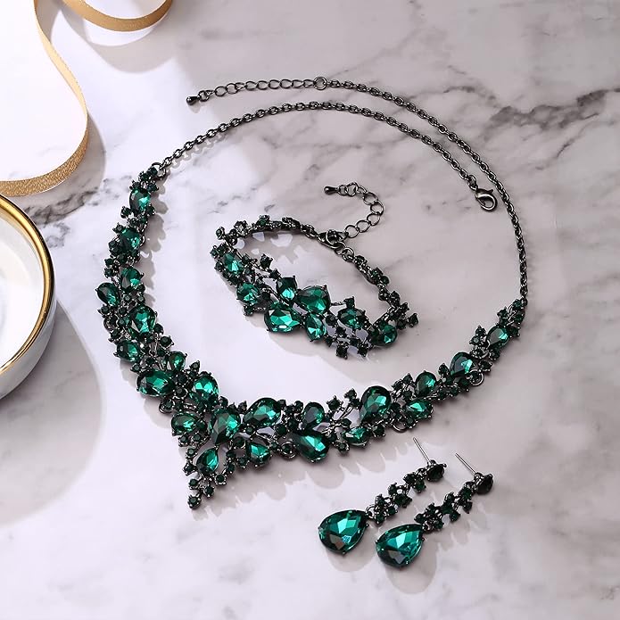 BriLove Wedding Bridal Jewelery for Women Austrian Crystal Teardrop Cluster Statement Necklace Dangle Earrings Link Bracelet Set