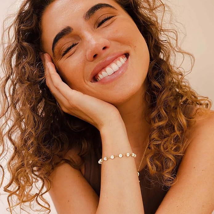 LOYATA Chain Bracelet Gold Link 14K Gold Plated Dainty Pearl Bracelet Simple Jewelry Gift for Women