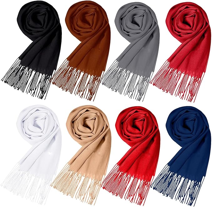 Suhine 8 Pcs Winter Scarves Bulk for Women Lightweight Blanket Scarf with Tassel Edge Pashmina Shawl for Women Men