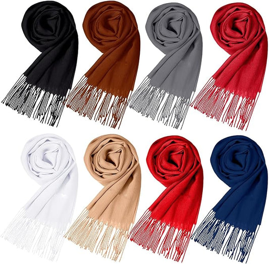 Suhine 8 Pcs Winter Scarves Bulk for Women Lightweight Blanket Scarf with Tassel Edge Pashmina Shawl for Women Men