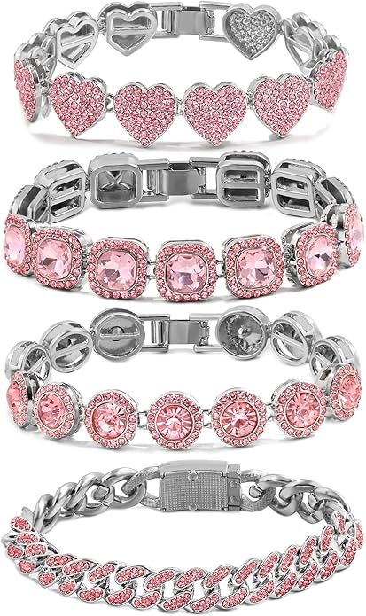 shopbyskyler 4PCS Gold Bracelets for Women Silver Clustered Tennis Bracelet for Women Heart Round Diamond Cuban Bracelet Layered Link Bracelet Set Fashion Jewelry for Women Set