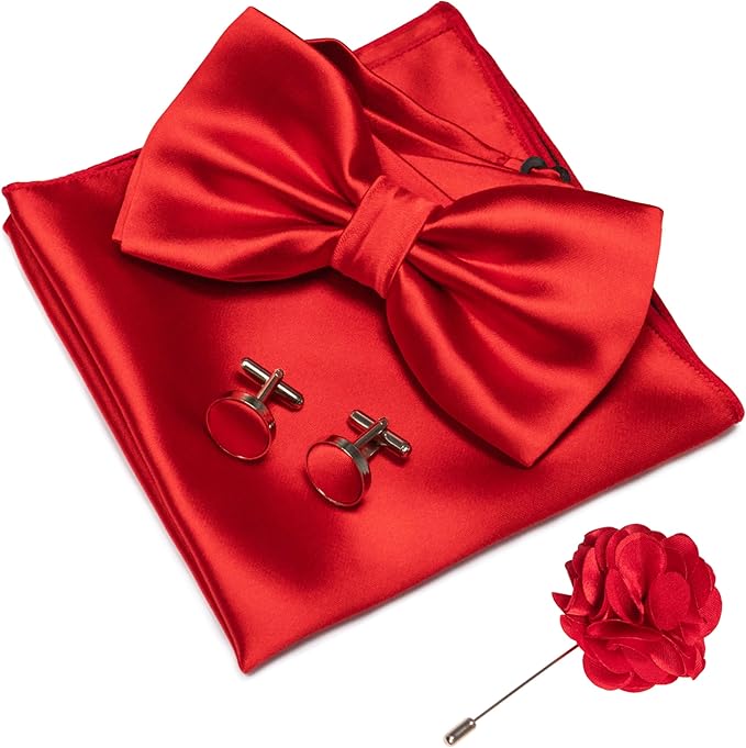 JEMYGINS Solid Color mens Pre-tied Bow Tie and Pocket Square Cufflinks Sets with Gift Box