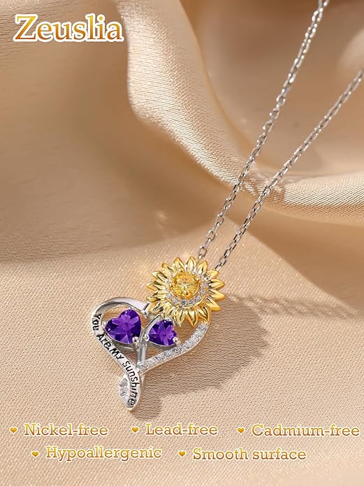 Zeuslia Double Birthstone Necklace Gifts for Wife - 925 Sterling Silver Sunflower/Rose/Crown Cross/Compass/Heart Pendant I Love You Necklace, Anniversary Birthday Gifts for Wife Girlfriend Mom Her