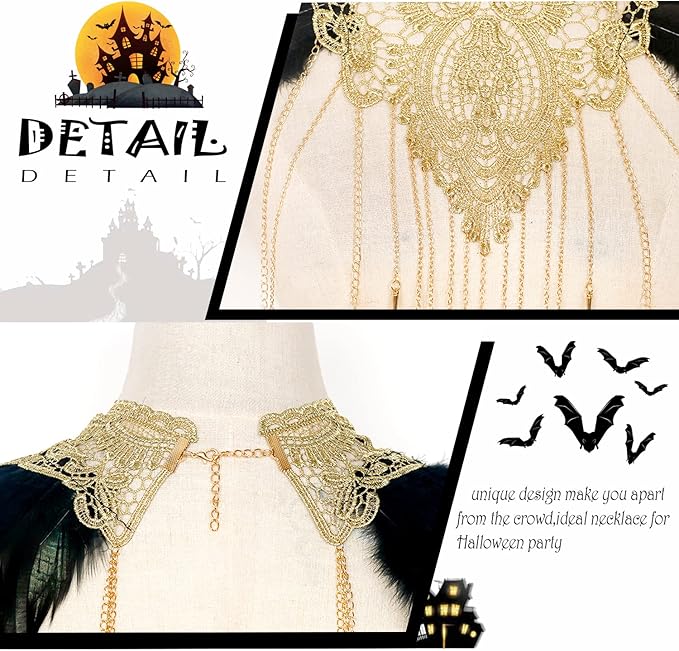 L'VOW Real Black Feather Harness Lace Collar Necklace Bib Halloween