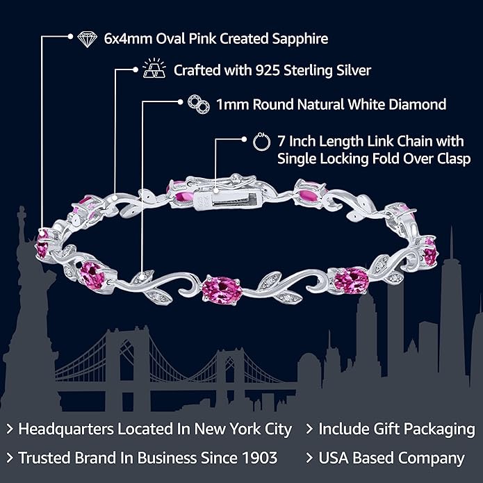 Gem Stone King 925 Sterling Silver Pink Created Sapphire and Diamond Greek Vine Tennis Bracelet For Women (4.63 Cttw, 7 Inch, Oval 6X4MM)