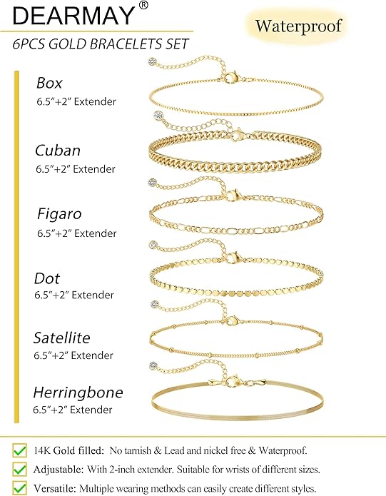 DEARMAY Waterproof Gold Plated Bracelets Set for Women Trendy, Dainty 14K Gold Jewelry Fashion Stackable Tennis Beaded Figaro Herringbone Paperclip Link Bracelet Pack Stack Gifts for Women