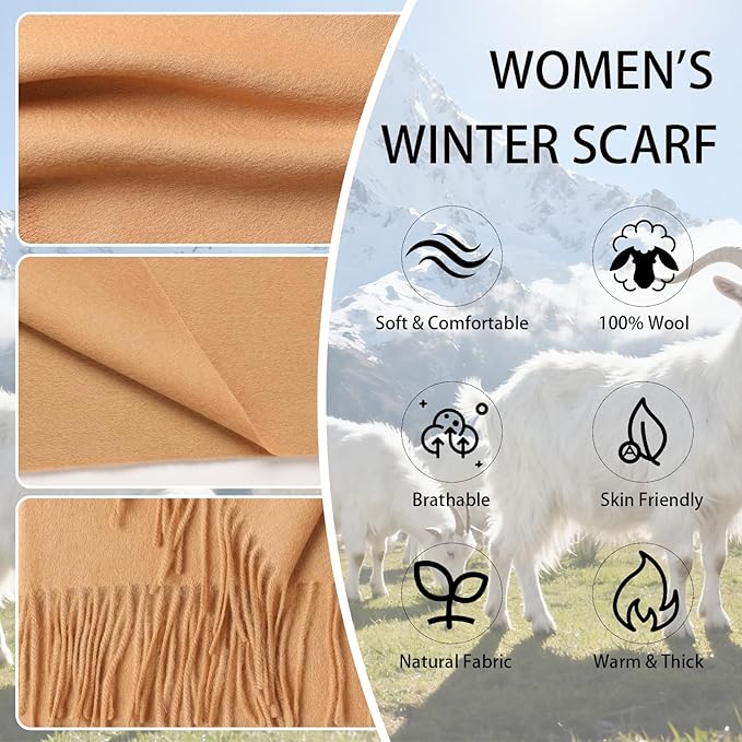 WASALUYA Wool Scarf for Women & Men, 100% Wool Scarves Wrap Shawl with Tassels, Elegant Soft Winter Scarf for Fall and Winter