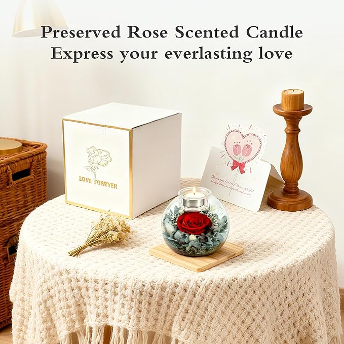 Forever Real Roses in Glass with Scented Candle, Christmas Gift Ideas Preserved Flower Christmas Gifts for Women Her Girlfriend Wife Mom on Valentines Birthday Anniversary Red