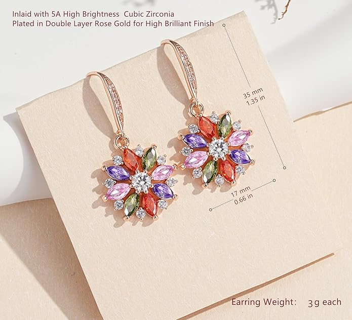 VONSSY Colorful Snowflake Pendant Necklace Earrings Rose Gold 5A Cubic Zirconia | Crystal Sweater Chain | Multi Gemstone Garnet Amethyst Morganite Peridot Prom Rhinestone Necklaces for Women Vintage Stylish Gift