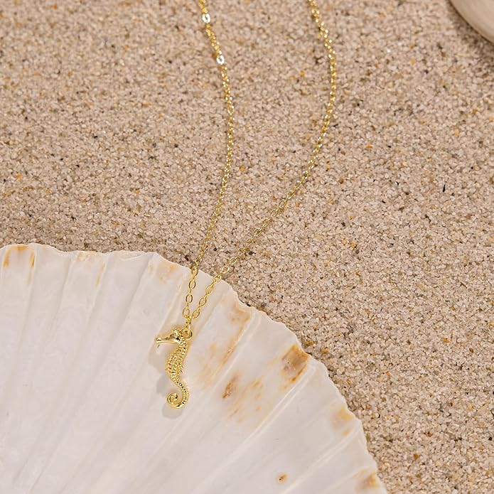 Gold Necklace for Women-14K Gold Plated Bow,Dragon,Shell, Palm Tree, Seahorse, Conch Shell,Sardines, Cowboy Boot,Bat,Bunny Pendant Beachy Jewelry for Women Gifts