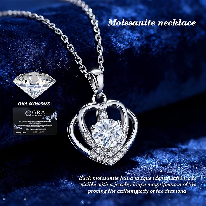 Jewelry Gifts for Women, Moissanite Heart Necklace 1-2Carat - Birthday Gift for Wife, Anniversary Necklace for Women, Christmas Valentine's Day Mother's Day Fine Jewelry Romantic Gifts for Her