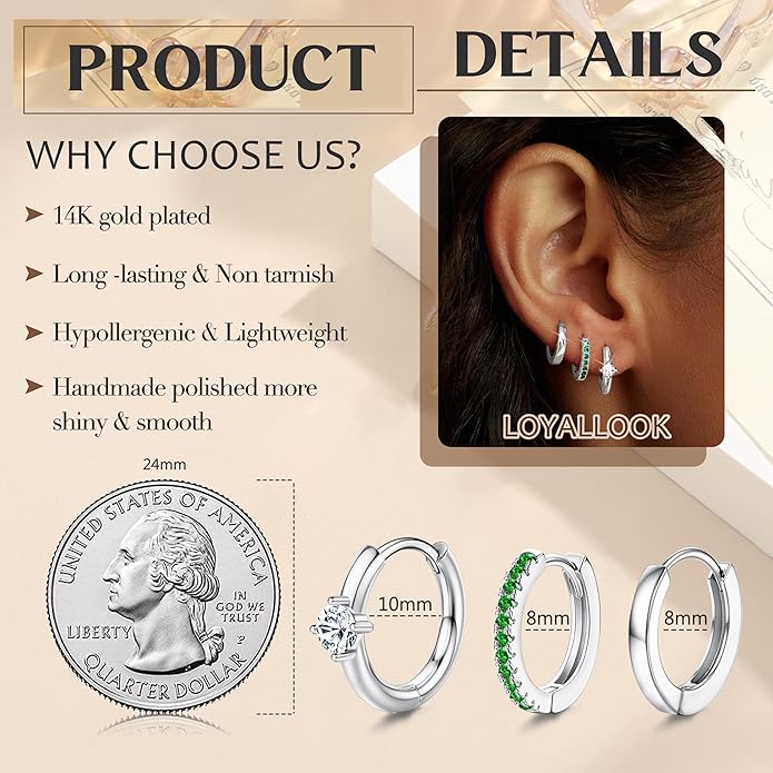 LOYALLOOK 3Pairs Gold Hoop Earrings Set for Women Trendy Huggie Hoop Earrings Stacks for Multiple Piercing 14K Gold Plated Chunky Hoop Earrings Set Hypoallergenic Cartilage Earring Lightweight