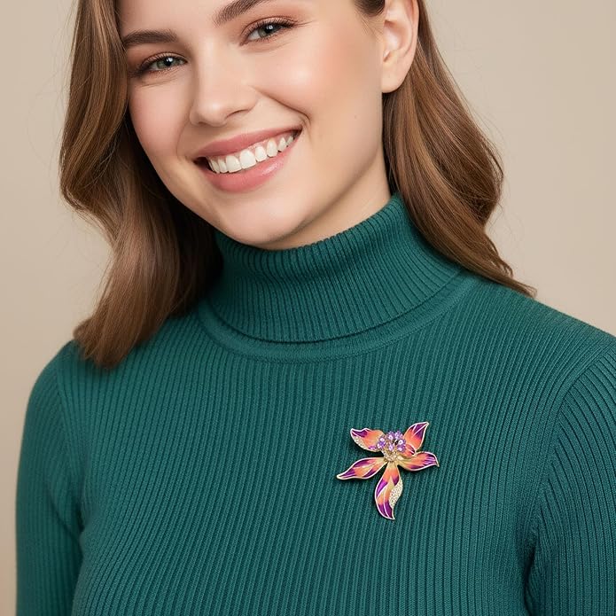 Multi-Color Enamel Flower Brooch For Women Gold Tone with Blue Zircon Crystal Accents, Vibrant Brooches Pin for Dresses Blazers