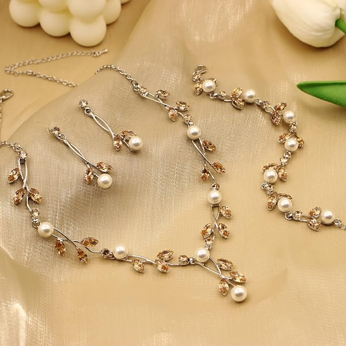 Luxury Cubic Zirconia Aurtrian Crystal Pearl Floral Necklace Dangle Earrings Wedding Bridal Jewelry Set Birthday Gifts for Her
