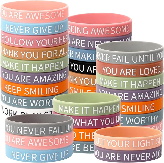 JUNEBRUSHS 64pcs Motivational Quote Silicone Bracelets Bulk Colored Inspirational Rubber Wristbands Unisex Accessories for Women Men Teens Teacher Home Office Party Favor Gifts Supplies (16 Designs)